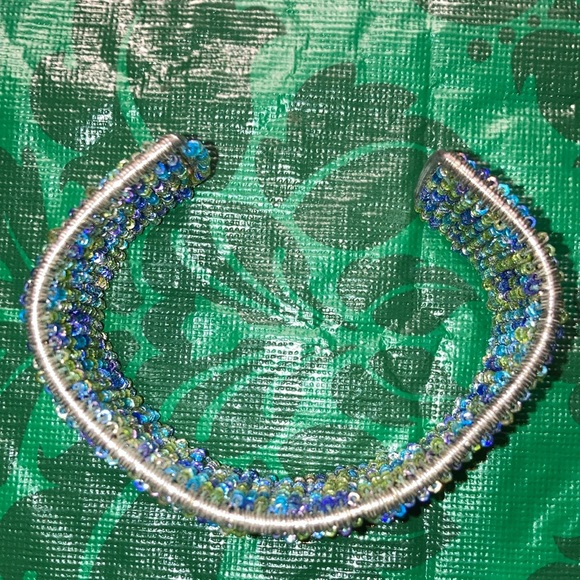 CUFF BRACELET shades of blue beads on inside & outside, some MOP $25 - Picture 4 of 5